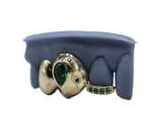 3 Tooth Emerald Grillz w Floating Tip and Paisley Engravings Side View