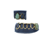 Bottom 6 Open Face Grillz w Jade Fang and Opal Top Grillz