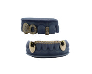 Diamond fang with open face grillz, diamond gap filler, and diamond bridge
