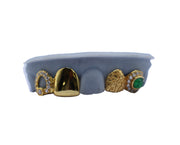 Diamond and Pearl Open Face Grillz w 3D Tooth and Green Emerald w Diamond Halo