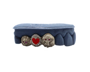 Skull and Ruby Grillz w Diamond and Enamel Heart Tooth Yellow Gold