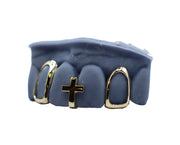 Yellow gold grillz with gemstone detailing – angled lifestyle portrait