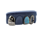 Skull Tooth Grillz w Opal and Diamond Open Face