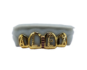 Top 4 Open Face Grillz w 3D Letters and Ruby Gap Filler