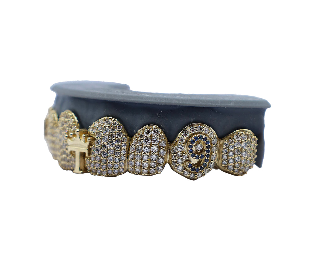 Top 8 VVS Diamond Grillz Custom 3D Letter and Sapphires Side View
