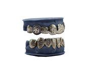 Top and bottom 8 grillz set with rubies and sapphires – engraved finish front view
