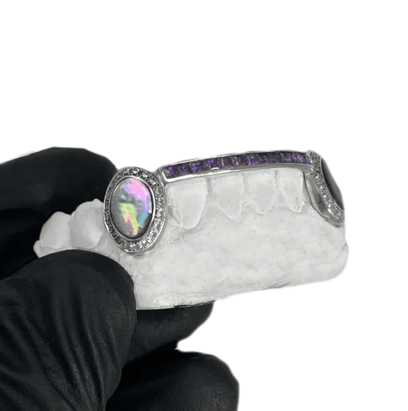 Buy Custom Bridge Grillz w Black Pearl and Diamond Fangs – Luxe Grillz