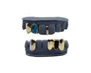 Turquoise Grillz w Gold Gap Filler and Black Onyx Tooth