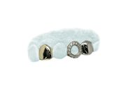 Diamond Open Face Grillz w Solid White Gold Molar and Single Yellow Gold Tooth