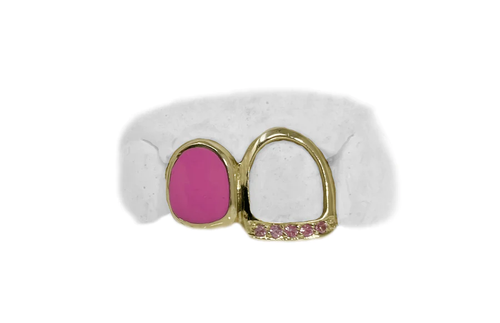 2 teeth grillz with pink enamel and sapphires