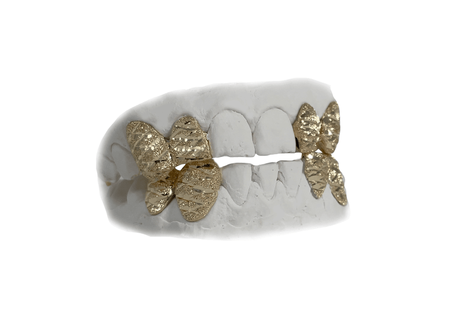 Two Teeth Grillz Combo w Diamond Cuts + Diamond Dust (10K, Yellow Gold)