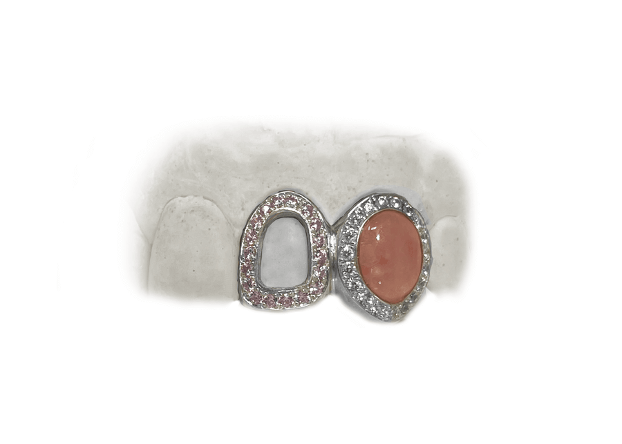 Two Teeth Open Face Grillz - Light Pink Sapphire Tooth & Rose Quartz Inlay w Diamond Halo (10K, White Gold)