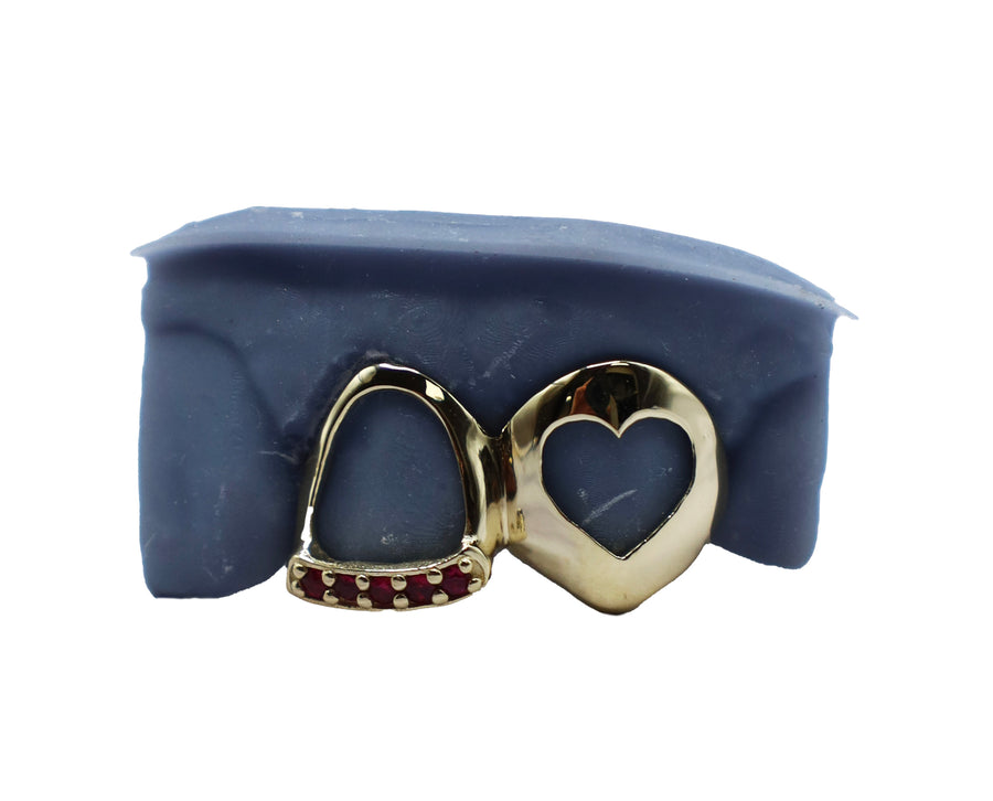 2 Teeth Grillz w Heart Cut Out and Ruby Tip