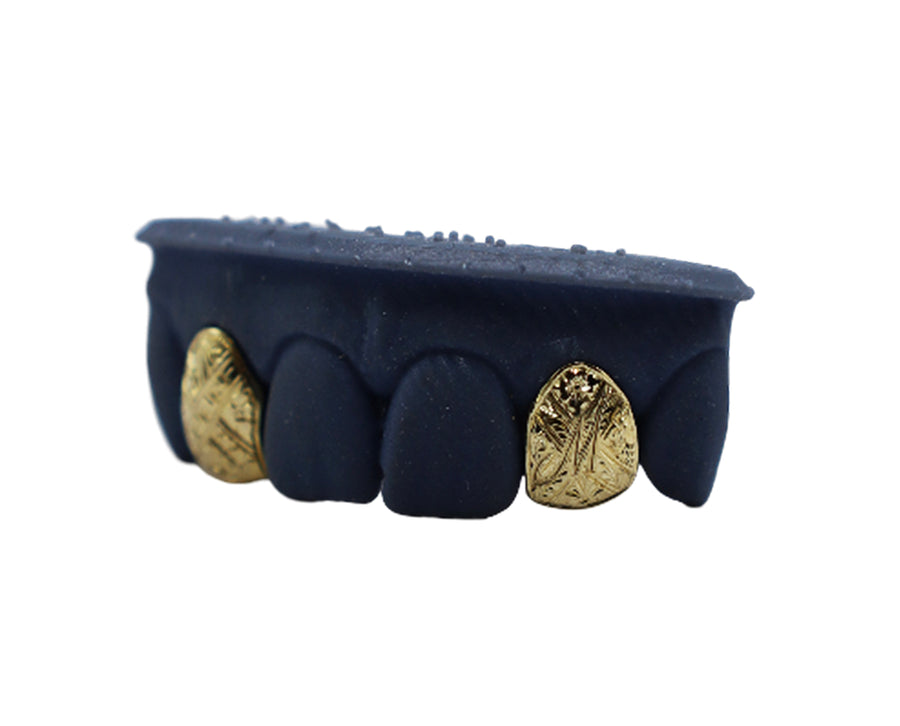 2 Tooth Grillz w Custom Hand Engravings and Engraved Initial