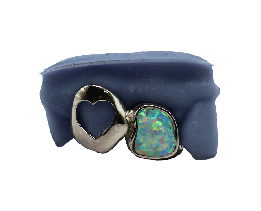 2 Tooth Opal Grillz w Heart Cut Out