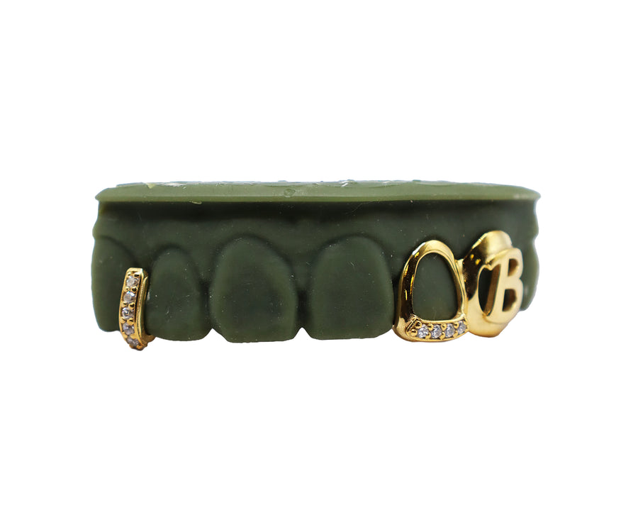 3D Fang Grillz w Diamond Tip Open Face and Diamond Gap Filler