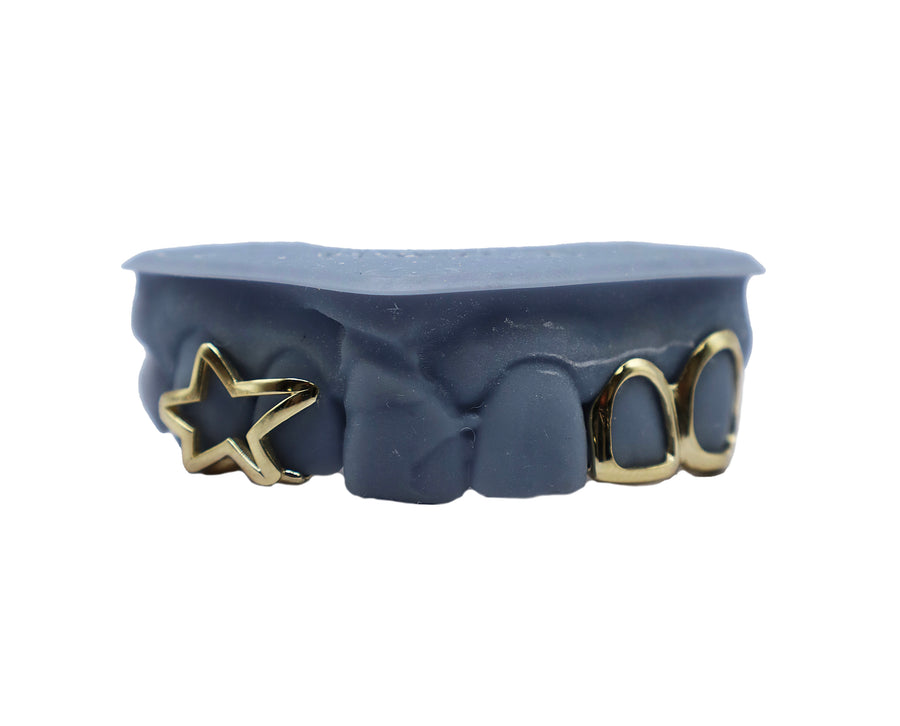 3D Star Grillz w Two Open Face Teeth Front View