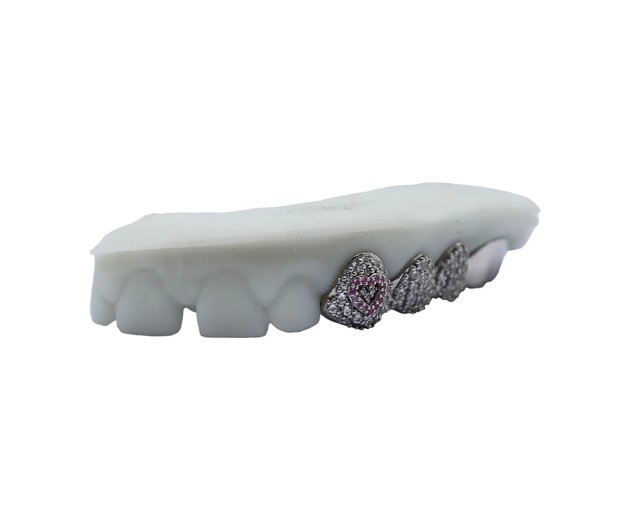 3 Diamond Grillz w Pink Sapphire Heart Side View