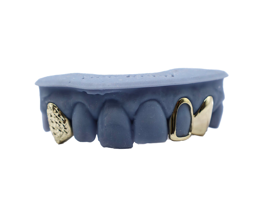 3 Tooth Combo Grillz w Open Face and Diamond Cut Fang Front View
