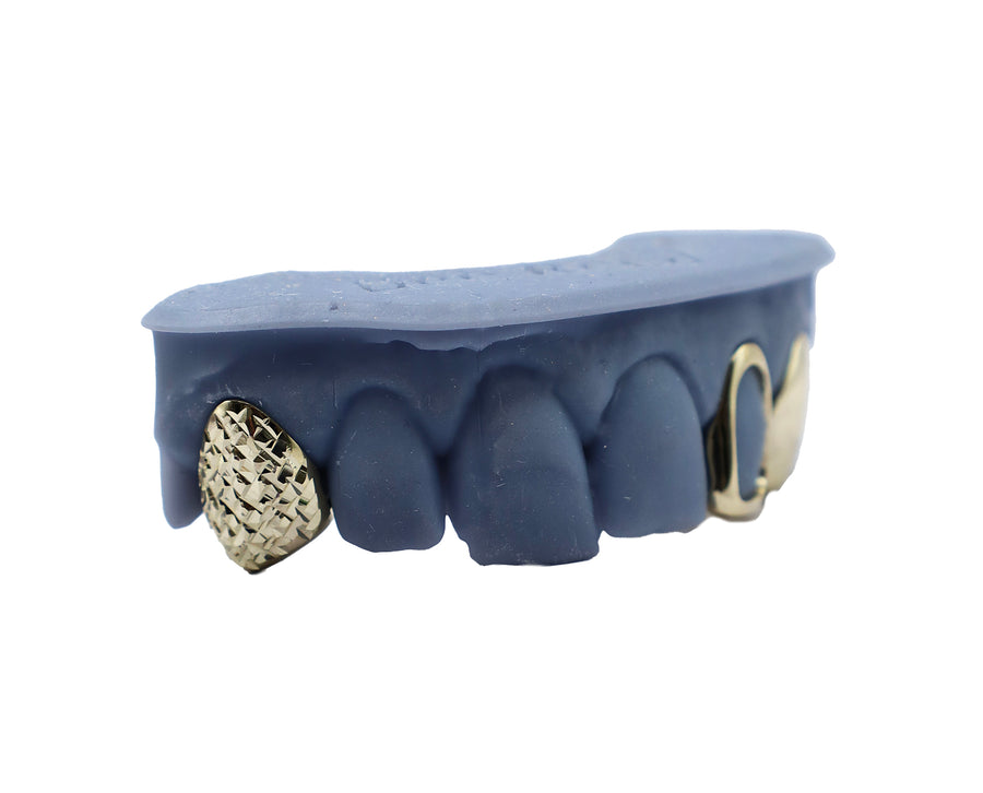 3 Tooth Combo Grillz w Open Face and Diamond Cut Fang Front View Side View