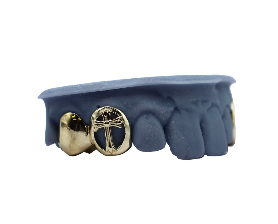 3 Tooth Grillz w 3D Cross and Open Face Fang