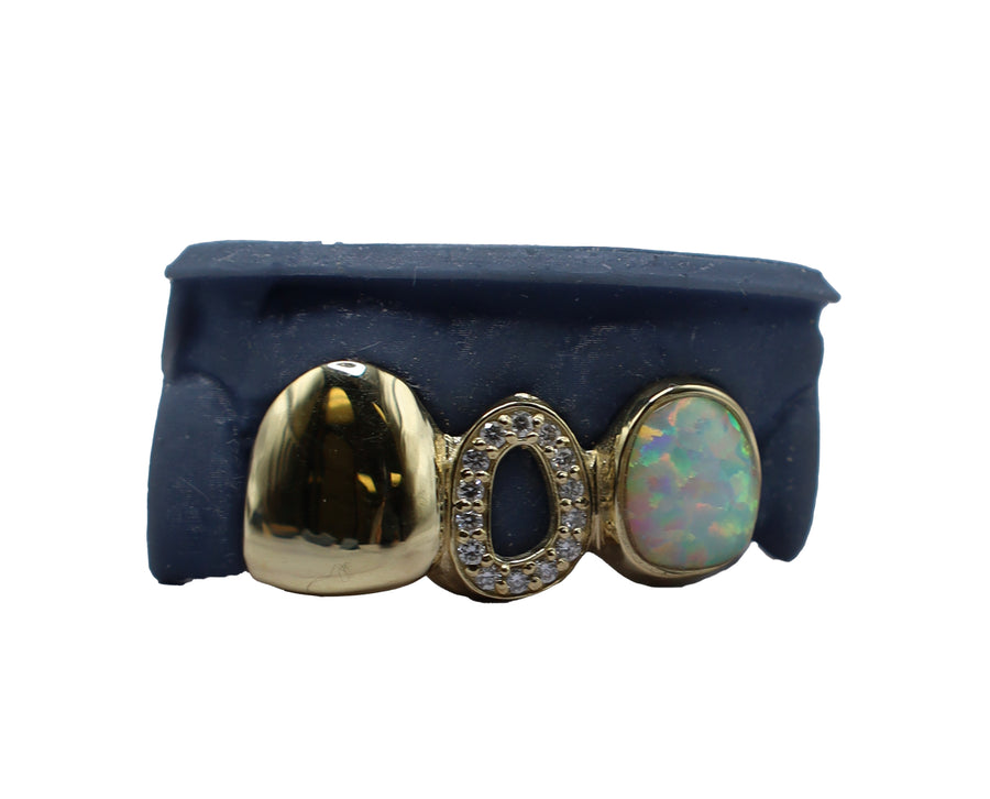 3 Tooth Grillz w Opal Fang and Diamond Open Face