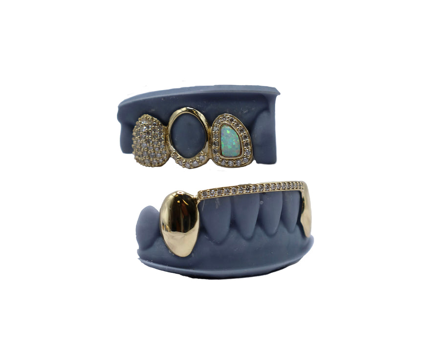 3 Tooth Opal and Diamond Grillz w Diamond Bridge Grillz
