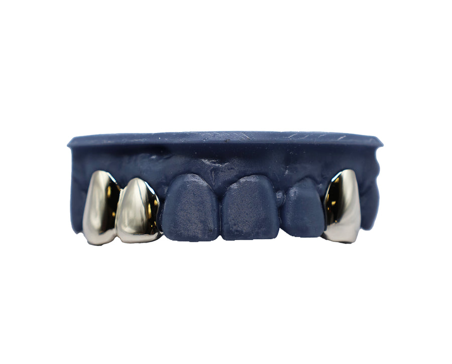 3 Tooth Solid Grillz w Double Cap and Single Fang