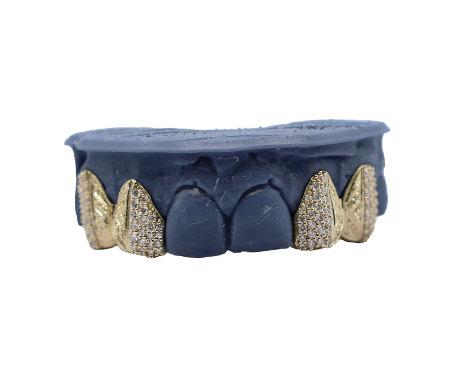 4 Teeth Grillz w Half Diamonds and Half Hand Engraved Front