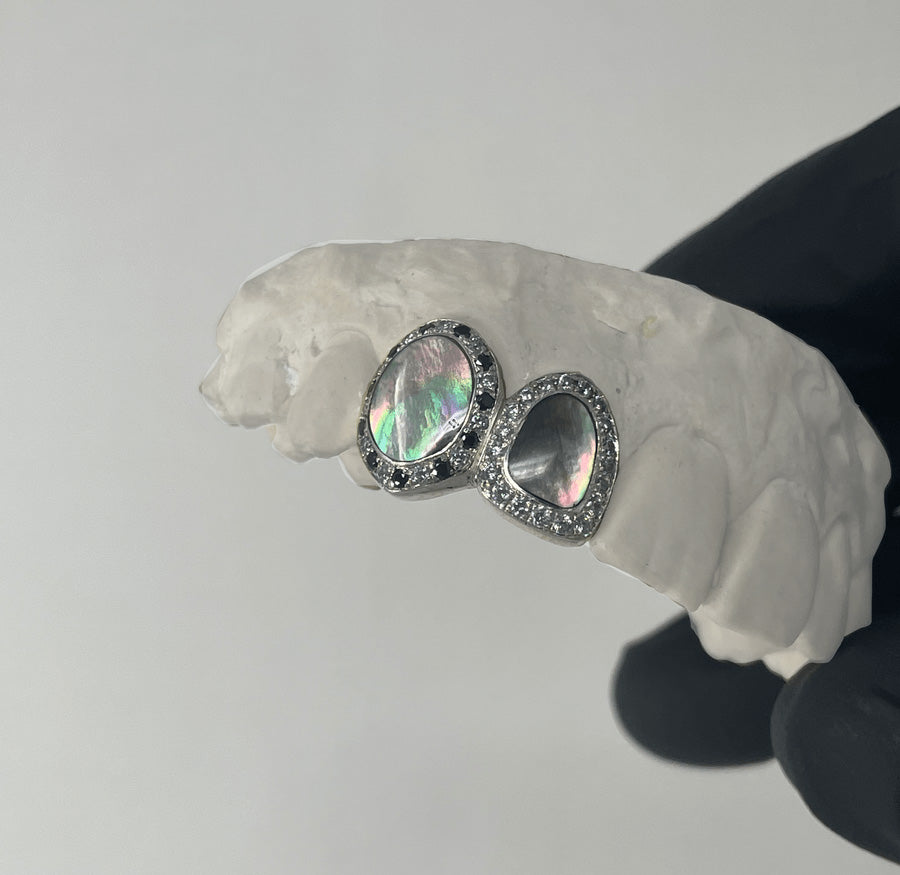 Black Pearl Grillz w White & Black Diamond Halos (10K, White Gold)