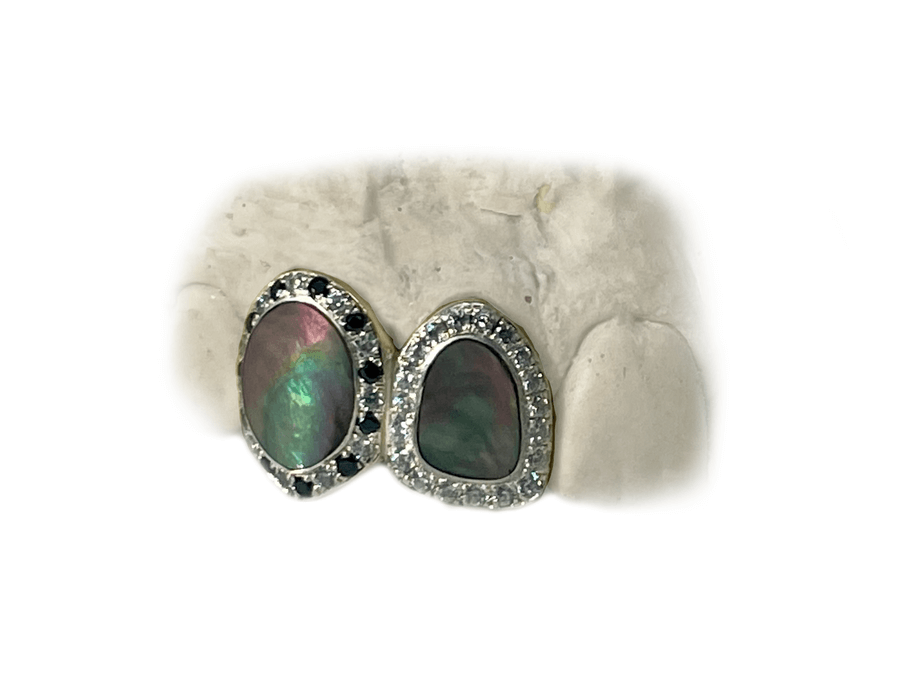 Black Pearl Grillz w White & Black Diamond Halos (10K, White Gold)