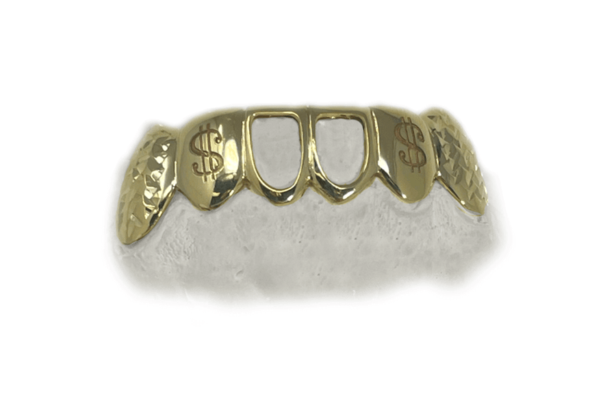Bottom 6 Grillz w Engravings + Diamond Cut Fangs (14K, Yellow Gold)