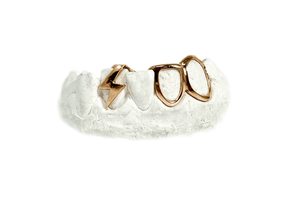 Bottom Lightning Bolt Grillz w 2 Open Face Teeth (10K, Rose Gold)