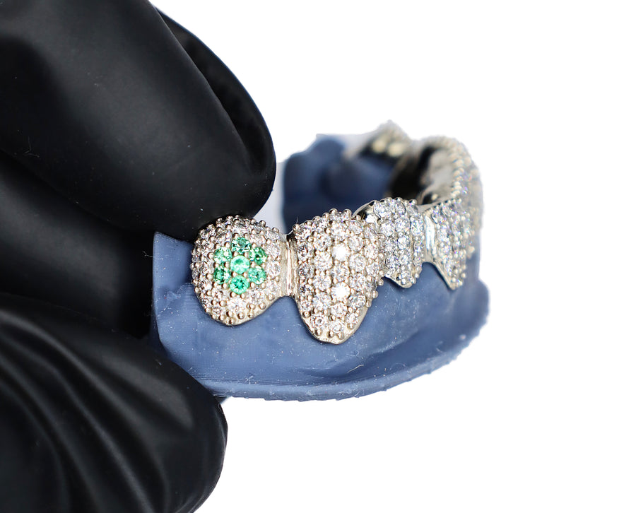 Bottom 8 Diamond Grillz w Emerald and Aquamarine Molars
