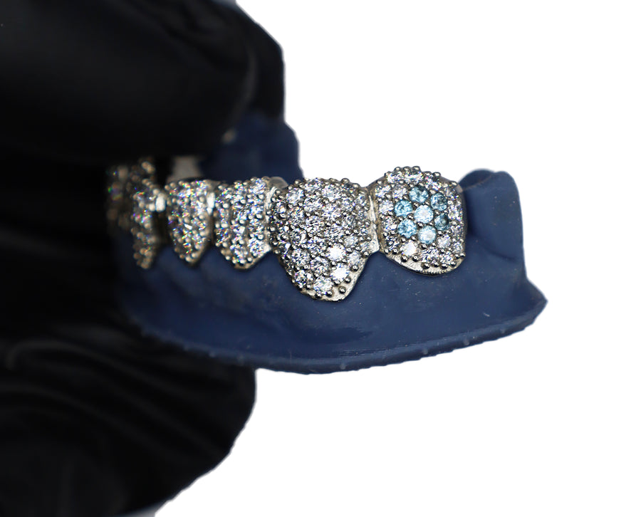 Bottom 8 Diamond Grillz w Emerald and Aquamarine Molars