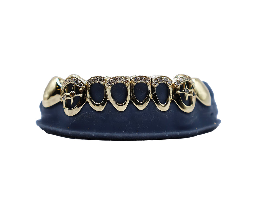 Bottom 8 Grillz w Diamond Tips, 3D Stars, and Open Faces