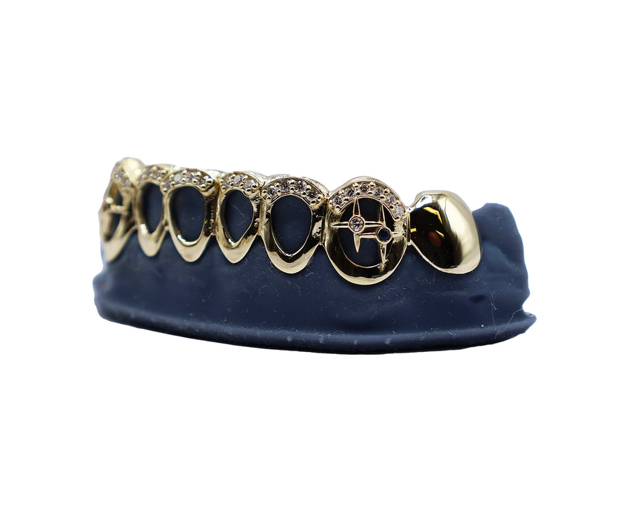 Bottom 8 Grillz w Diamond Tips, 3D Stars, and Open Faces