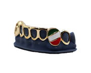 Bottom 8 Open Face Grillz w 3D Cross and Enamel Mexico Flag