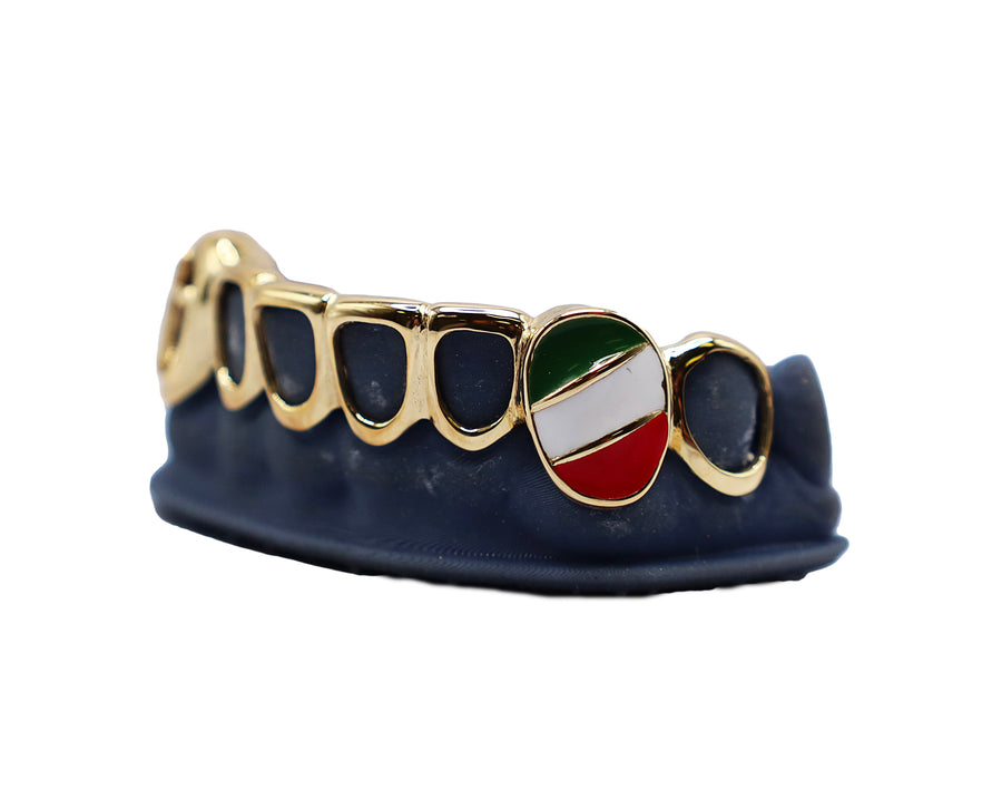 Bottom 8 Open Face Grillz w 3D Cross and Enamel Mexico Flag