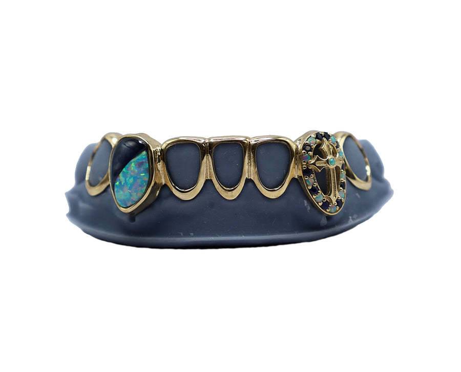Bottom 8 Open Face Grillz w Sapphires and Opals Front View