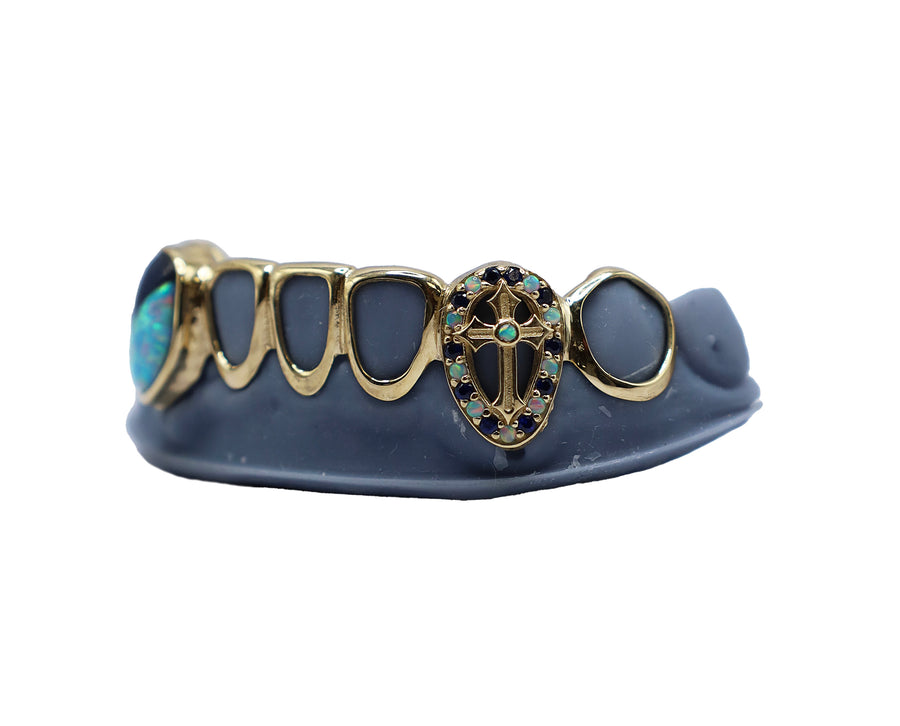 Bottom 8 Open Face Grillz w Sapphires and Opals Left View
