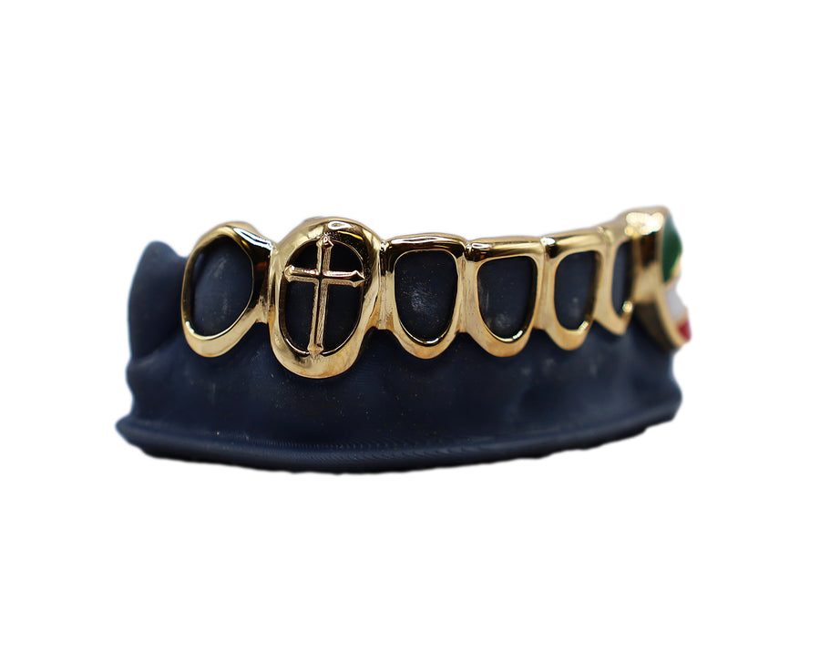 Bottom 8 Open Face Grillz w 3D Cross and Enamel Mexico Flag
