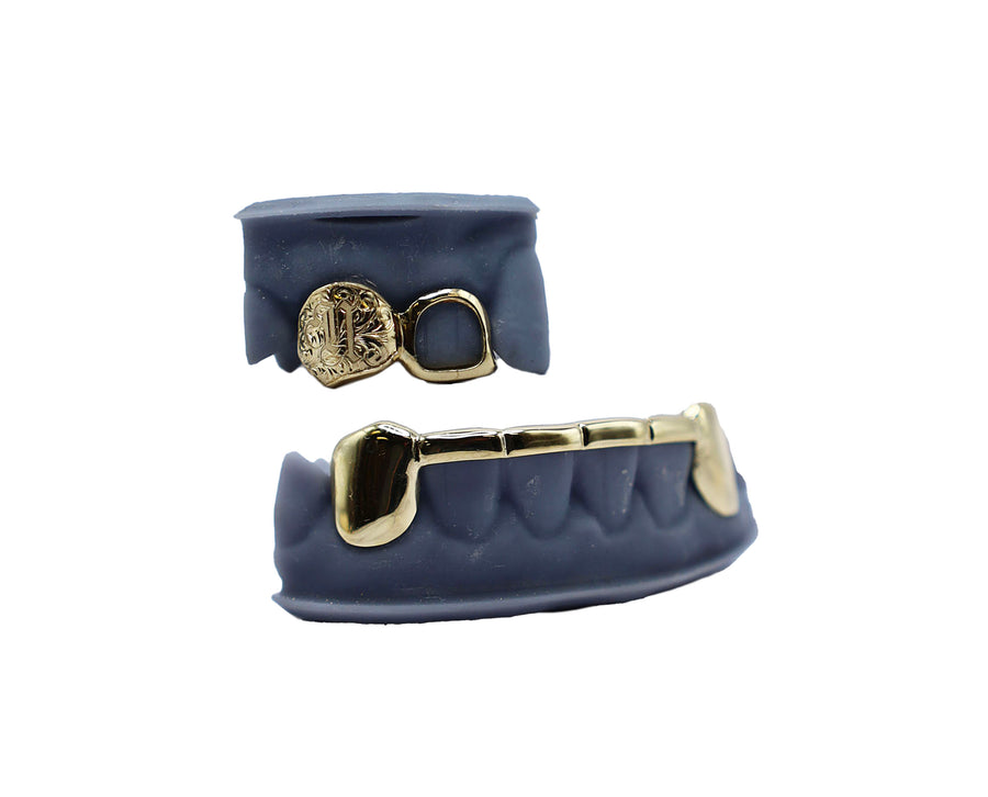Bridge Grillz w Hand Engraved Fang and Open Face