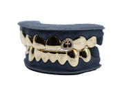 Chrome Hearts Custom Grillz - Top 8 Grillz w 3D Cross and Diamond Halo Tooth and Bottom 8 Combo Yellow Gold