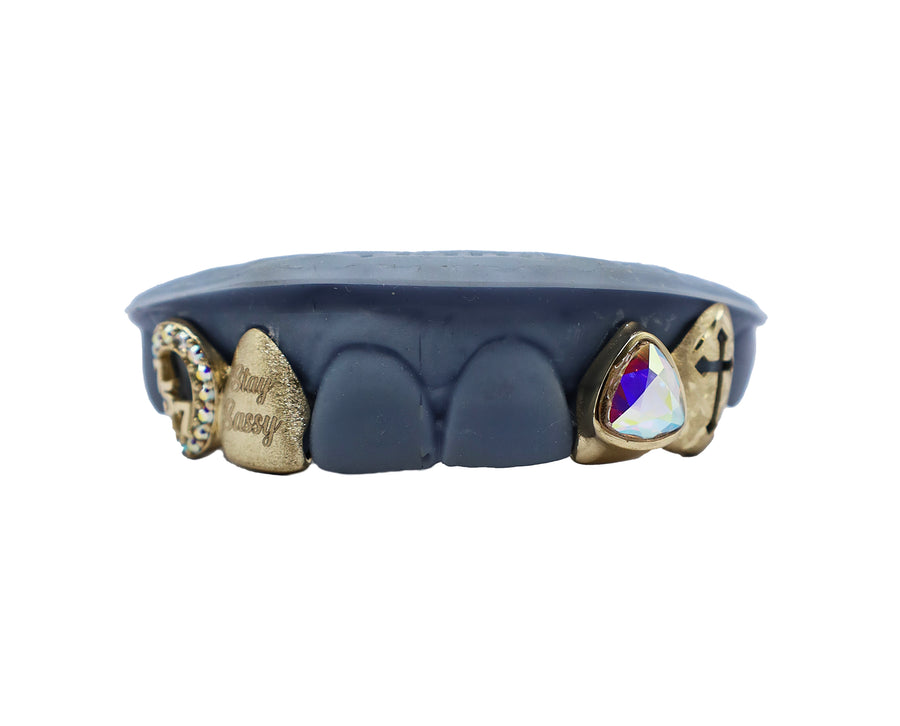 Custom Iridescent Crystal Grillz w Trillion Cut Stone + Cross Cut Out