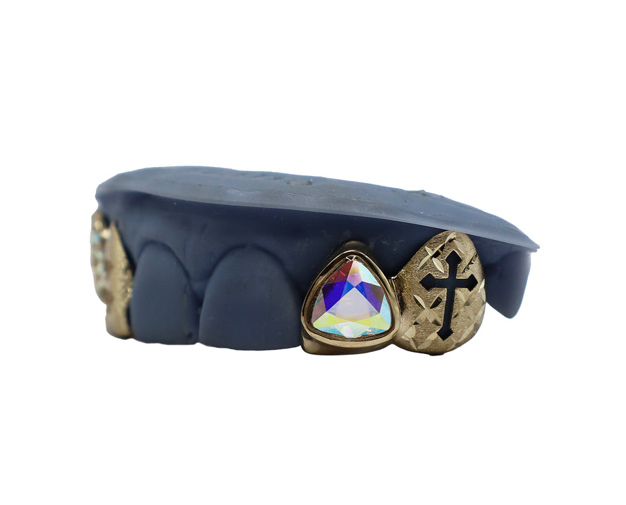 Custom Iridescent Crystal Grillz w Trillion Cut Stone + Cross Cut Out