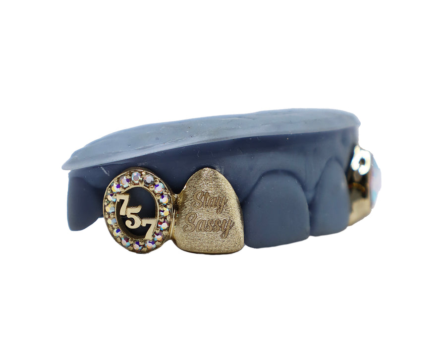 Custom Iridescent Crystal Grillz w Trillion Cut Stone + Cross Cut Out