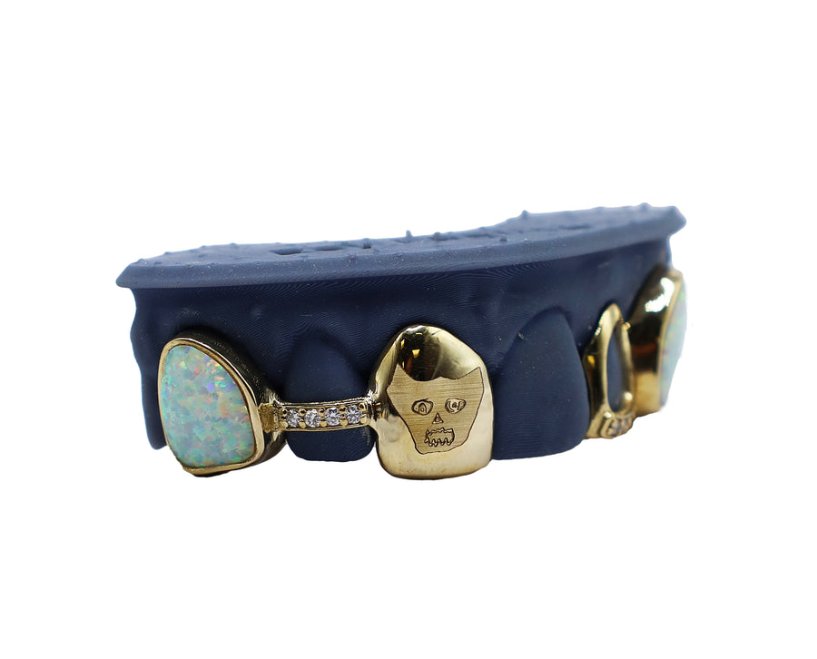 Custom Opal Fang Grillz w Diamonds and Engraved Tooth