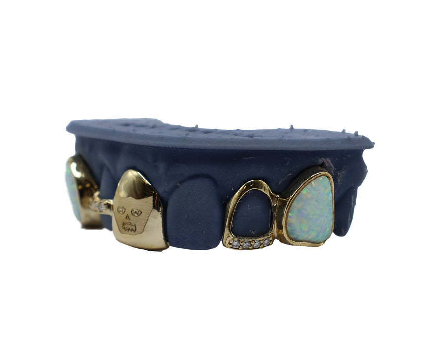 Custom Opal Fang Grillz w Diamonds and Engraved Tooth