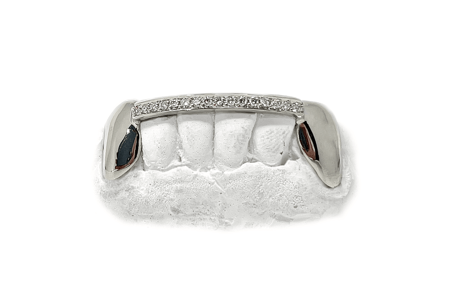 Diamond Bridge Grillz w/ Solid Gold Fangs (VS, White Gold)